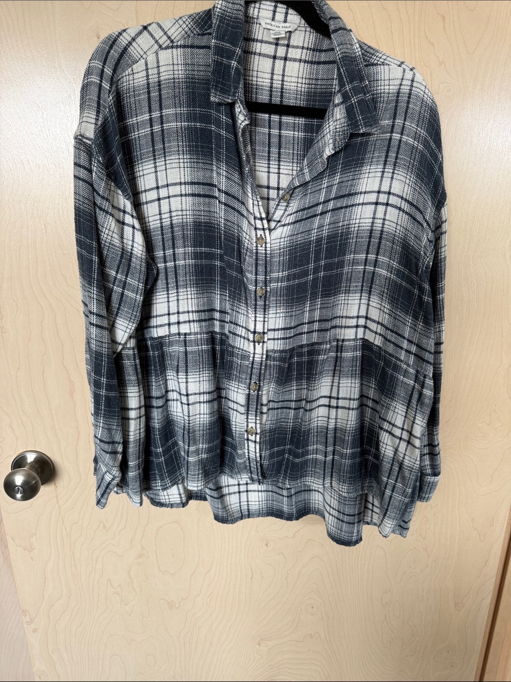 American Eagle Outfitters Navy and White Plaid Button-Down Babydoll flannel